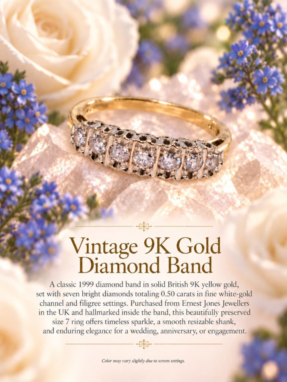 Vintage British 9K Gold 7-Stone Diamond Ring 0.50ctw size 7